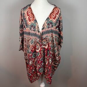 ANGIE womens Red Floral Boho Short Sleeve Open Kimono Size Large Indie Peasant